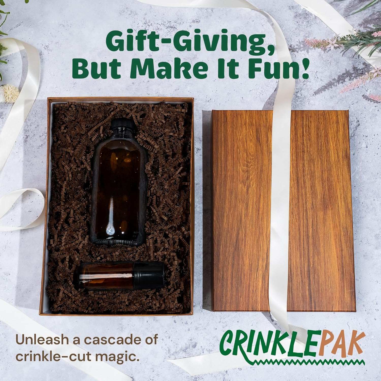 10lb box of recyclable chocolate brown crinkle cut paper used as protective and decorative filler in gift packaging