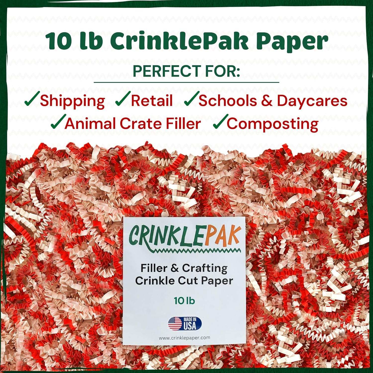 10 lb box of red and white candy cane crinkle cut paper filler for packaging, shipping, and crafting