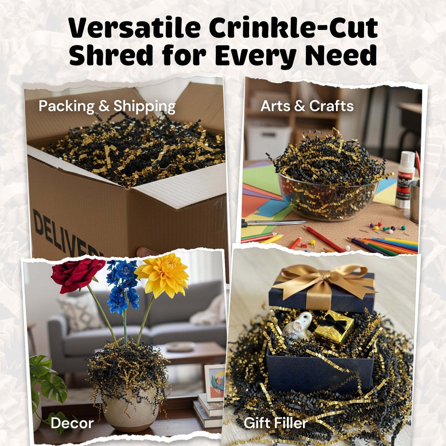 10lb Black Gold Metallic Crinkle Paper used for packing, shipping, arts and crafts, decor, and gift filling with black and gold shredded paper.