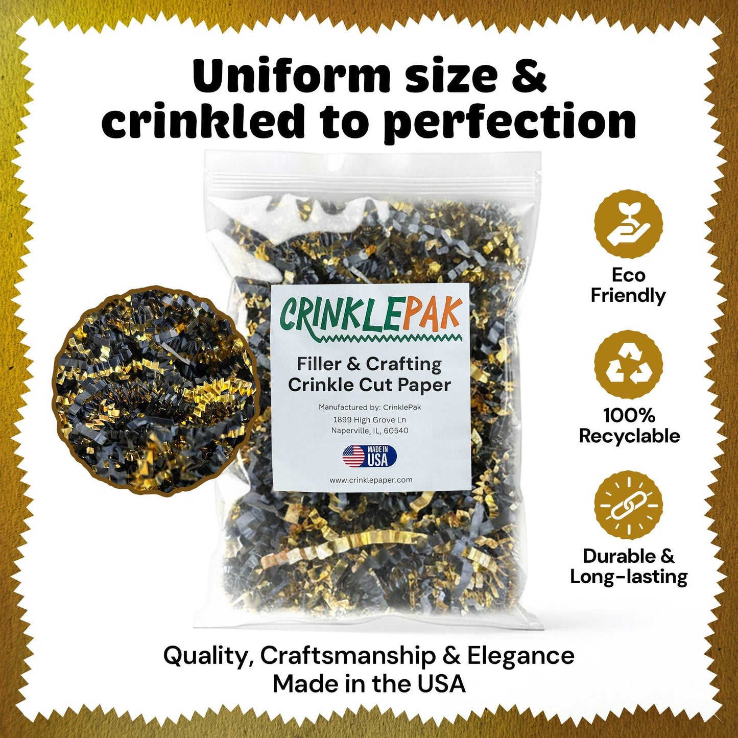 Black Gold Metallic Crinkle Paper filler for premium packaging with durable, eco-friendly, recyclable black and gold crinkle cut paper in a 10lb bulk pack