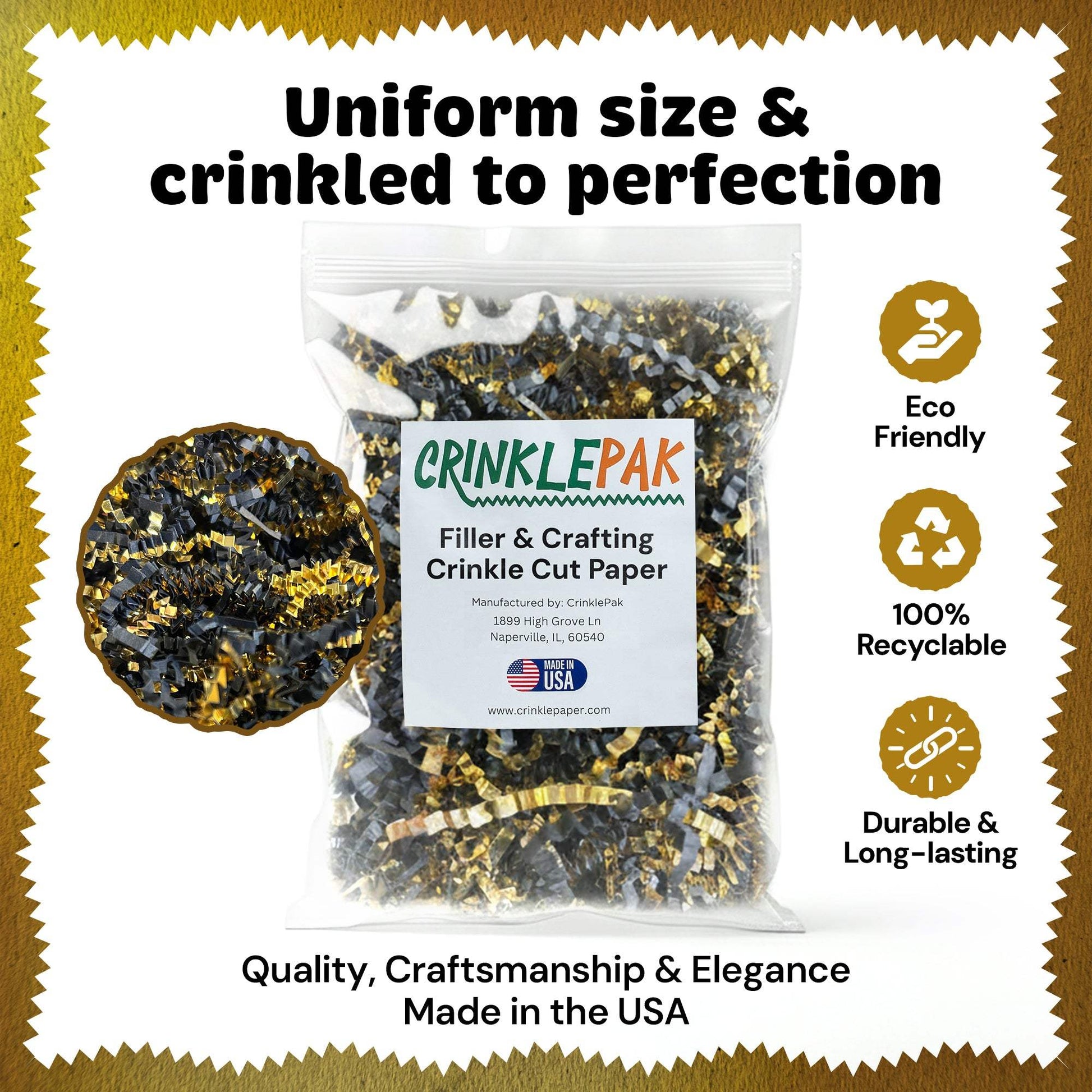 Black Gold Metallic Crinkle Paper filler for premium packaging with durable, eco-friendly, recyclable black and gold crinkle cut paper in a 10lb bulk pack
