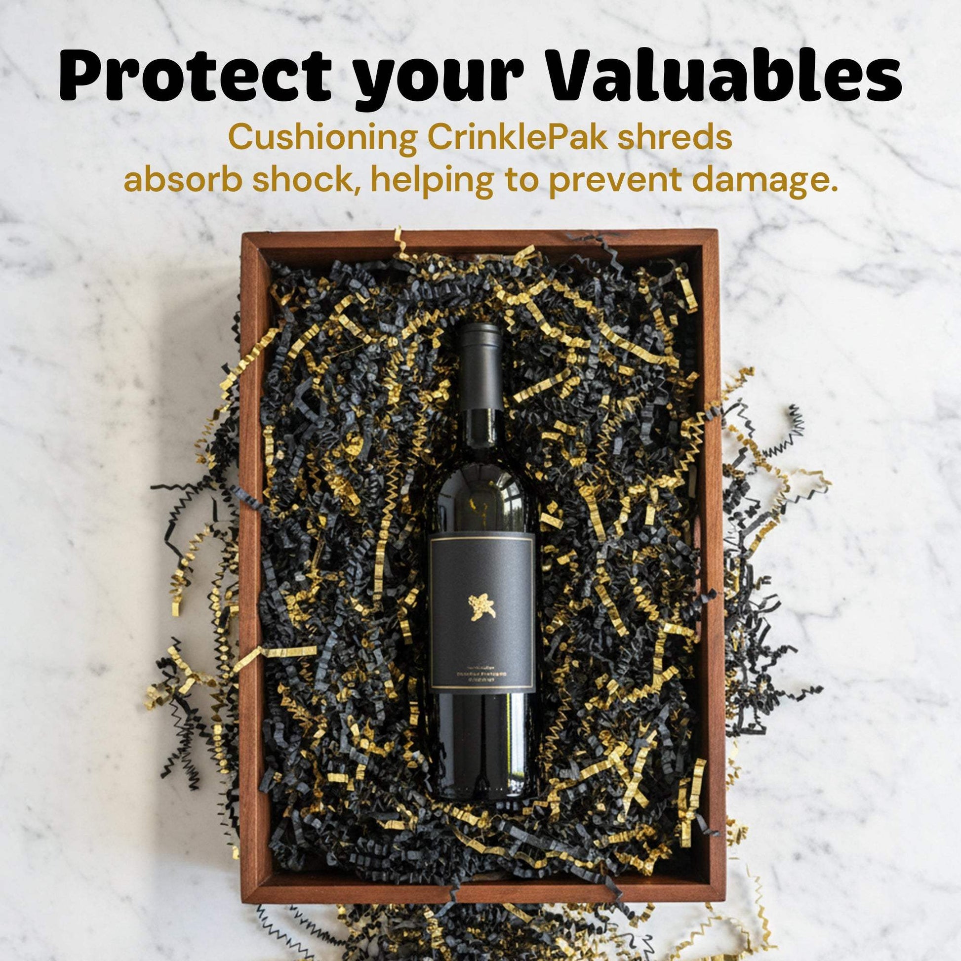 Wine bottle packaging with black gold metallic crinkle paper cushioning in wooden box