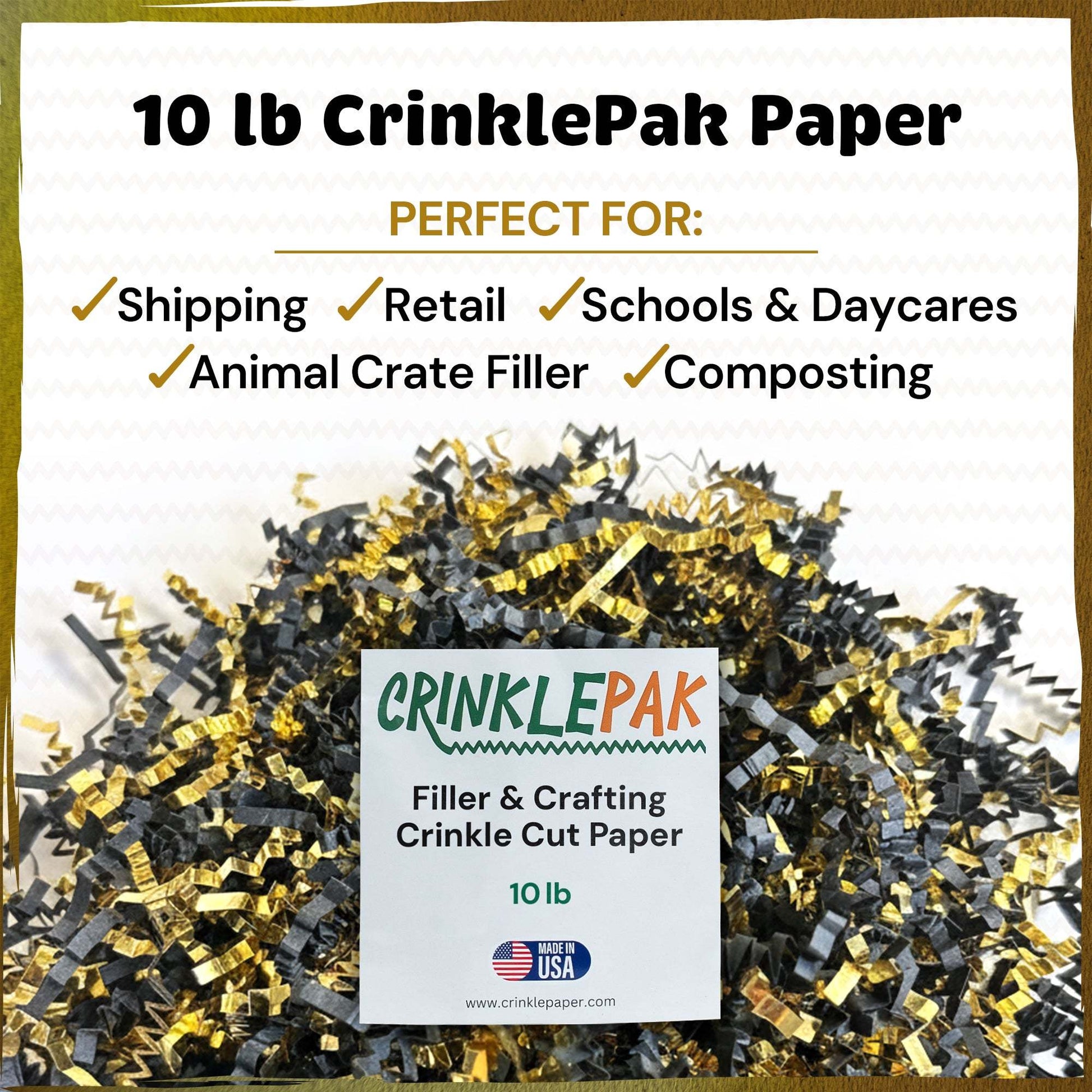 10lb Black gold metallic crinkle paper filler for packaging, shipping, retail, and crafting, 10lb bulk box