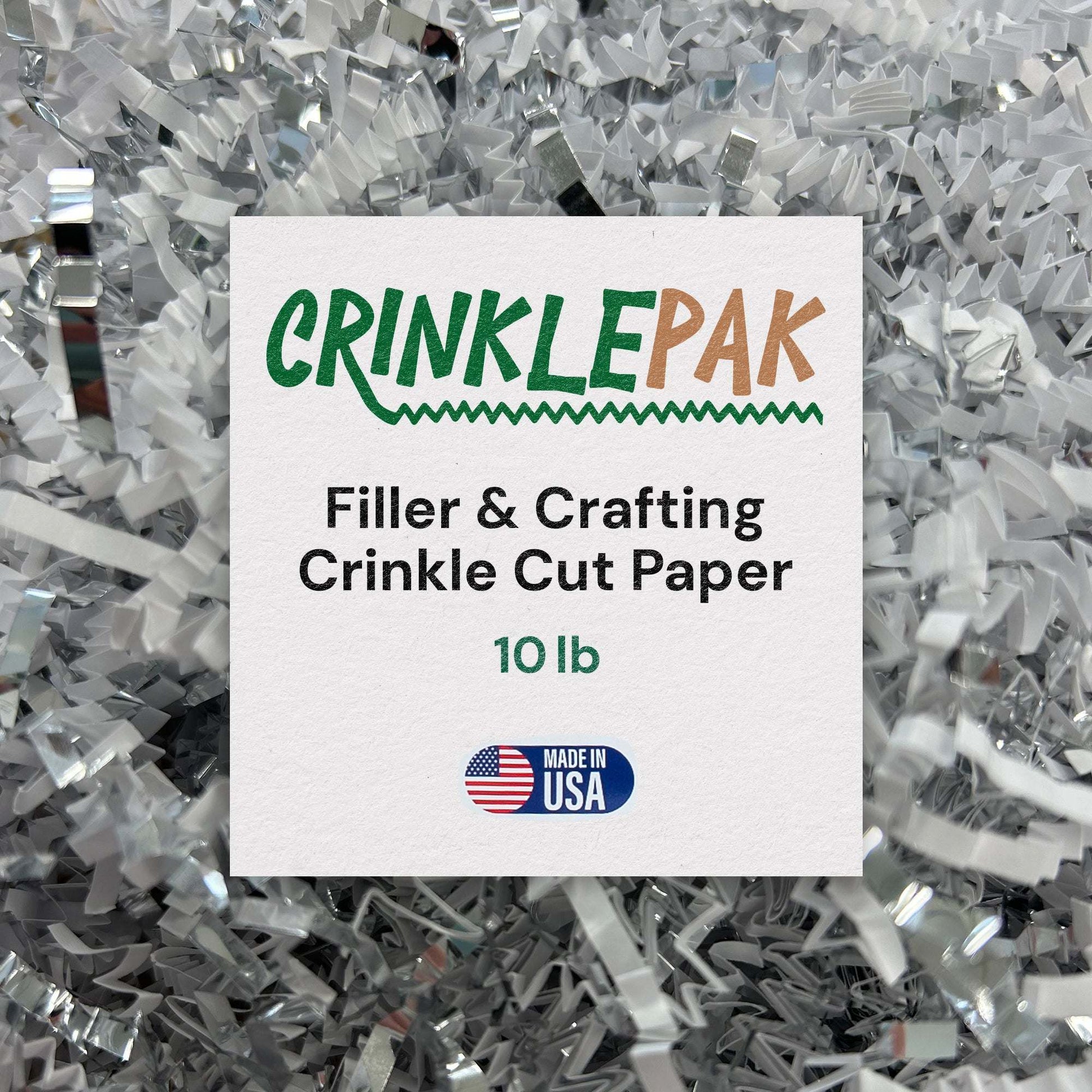 Premium white silver crinkle cut paper filler for packaging and crafts, 10lb box, made in USA