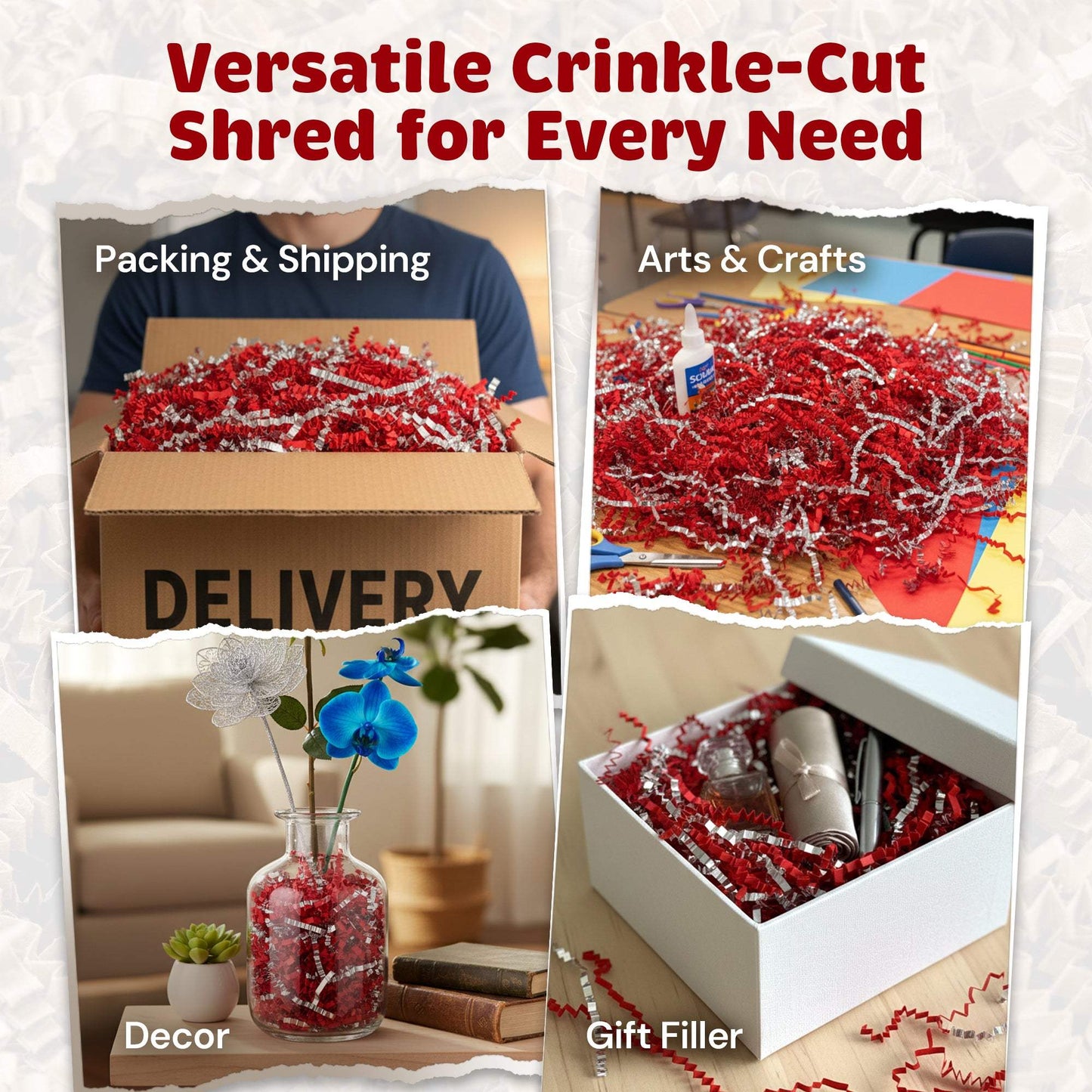 Premium crinkle paper in red and silver metallic colors used for packaging, crafts, decor, and gift filling