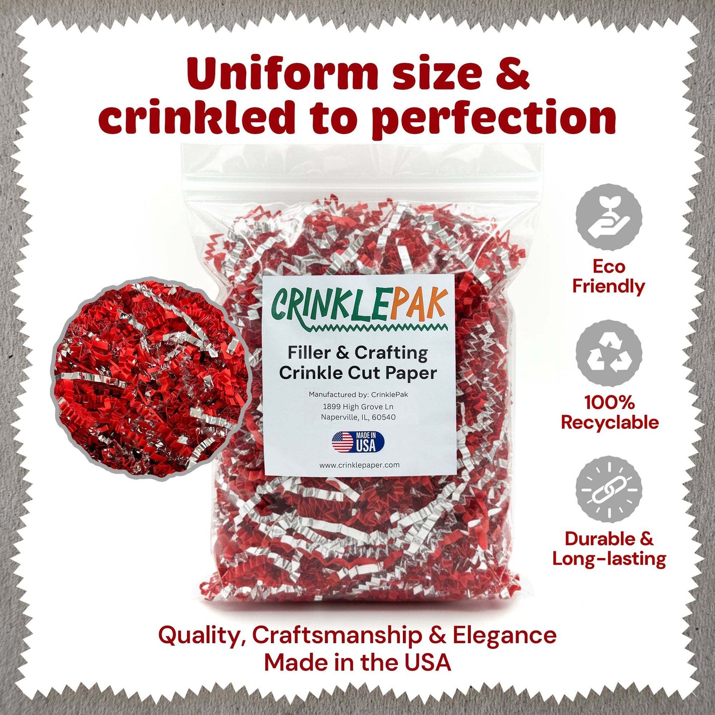 Premium crinkle paper red and silver metallic filler for gift packaging and crafting, eco-friendly and durable
