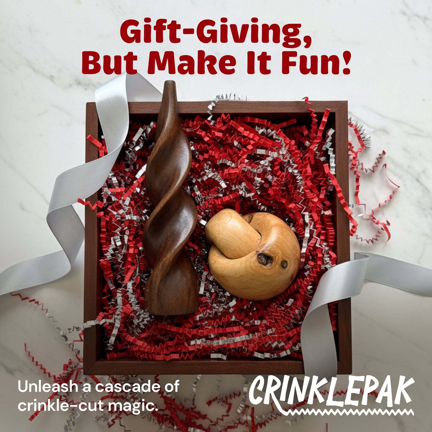 10lb red and silver metallic premium crinkle paper in gift box with decorative wooden objects and silver ribbon