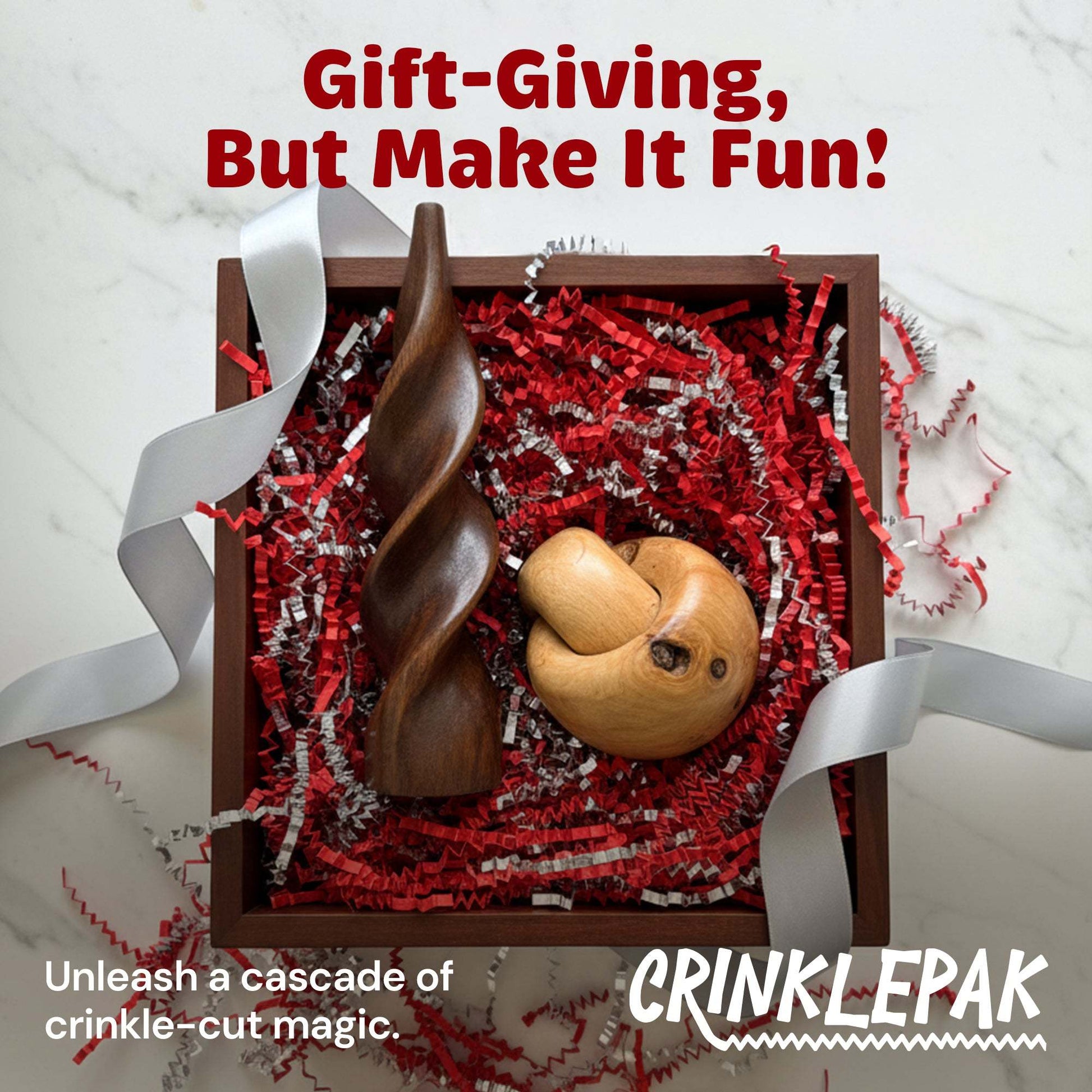 10lb red and silver metallic premium crinkle paper in gift box with decorative wooden objects and silver ribbon