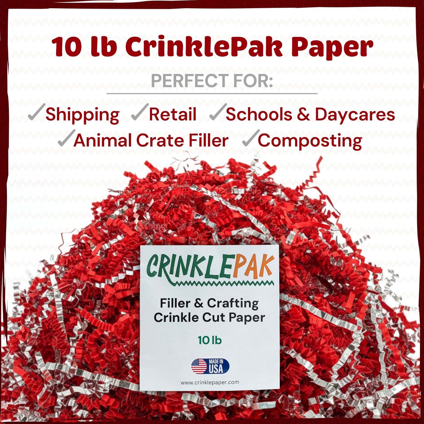10lb box of red and silver metallic premium crinkle paper for packaging and cushioning