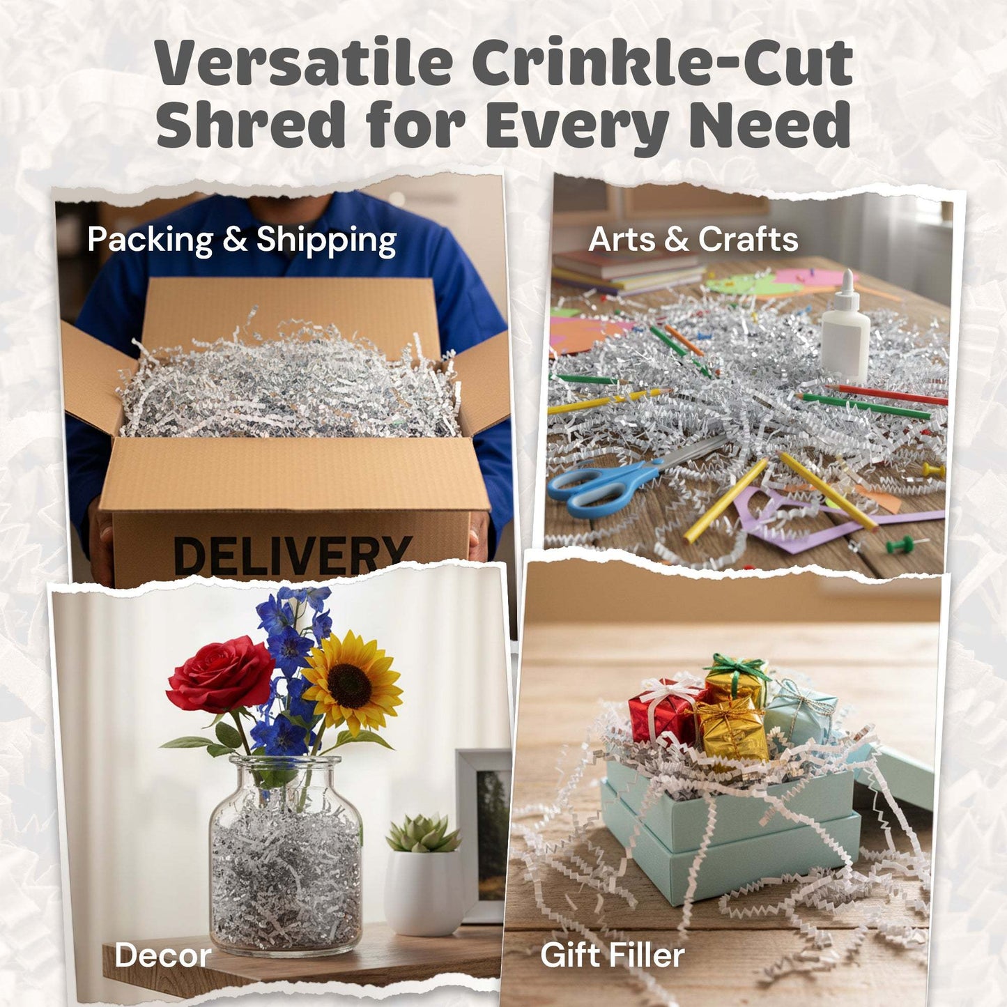 Premium white silver crinkle paper used for packaging, arts and crafts, decor, and gift filler in a bulk 10lb box