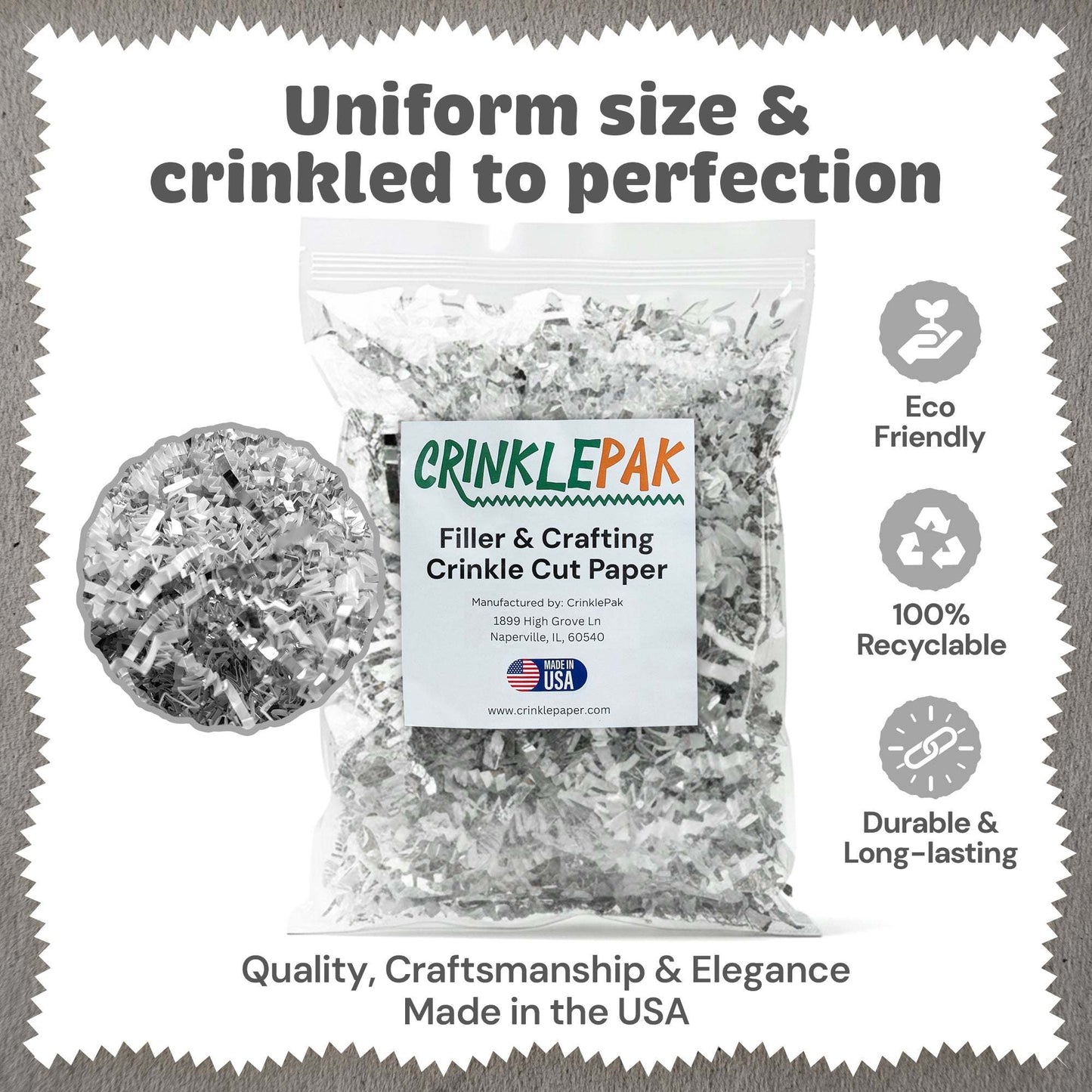 Premium white silver crinkle paper filler, eco-friendly, recyclable, durable, elegant packaging material for gift baskets and crafts