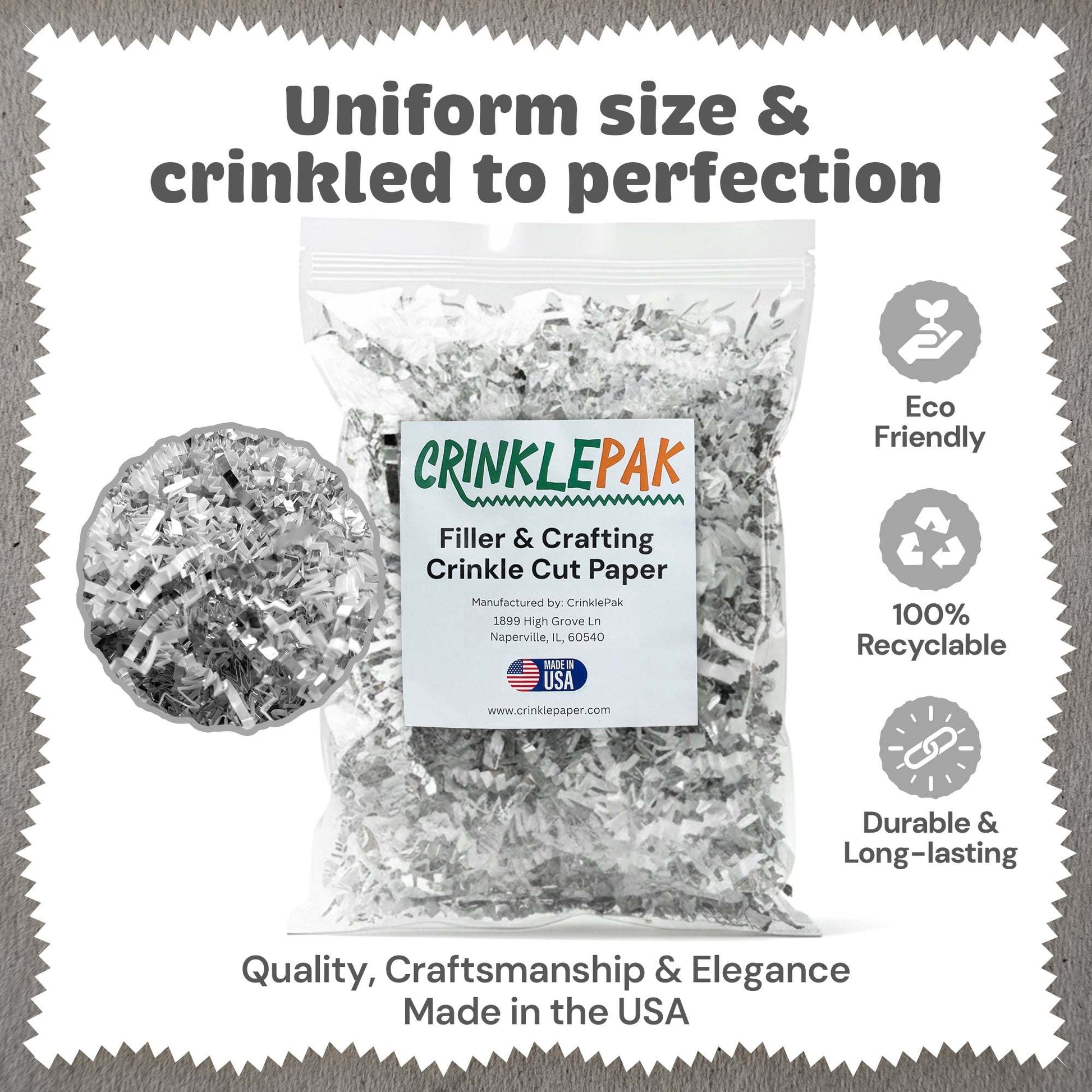 Premium white silver crinkle paper filler, eco-friendly, recyclable, durable, elegant packaging material for gift baskets and crafts