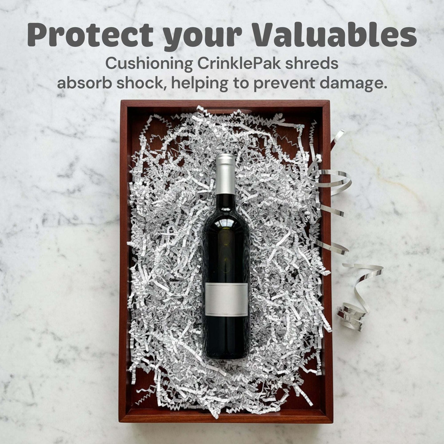 Premium White Silver Crinkle Paper cushioning wine bottle in wooden box for protective packaging and elegant presentation