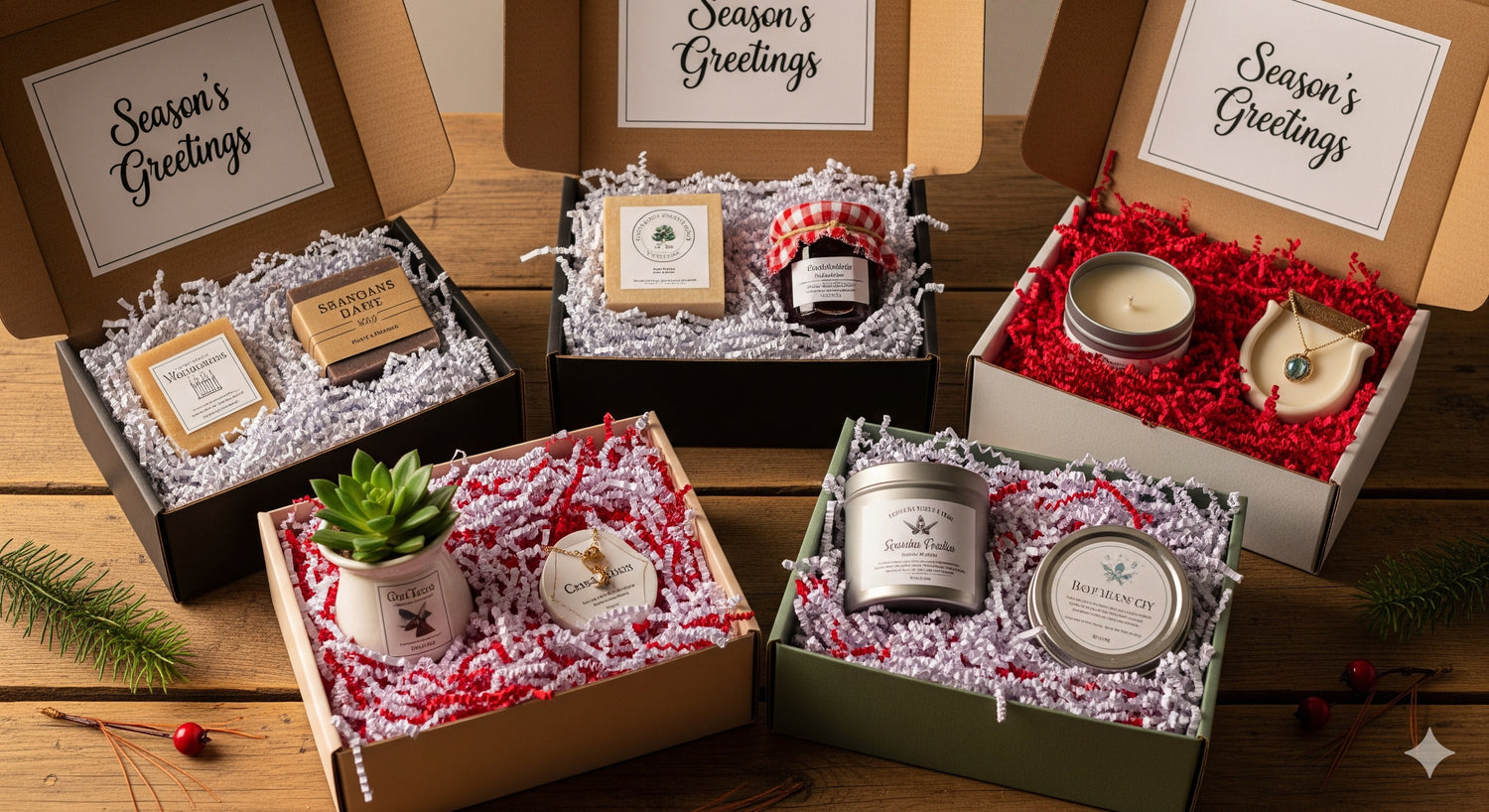 Set of gift boxes with holiday-themed items on a wooden surface
