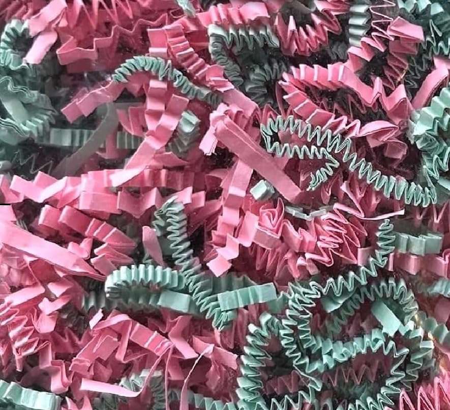 Easter Grass with light green and pink crinkle cut paper in 40 LB box.