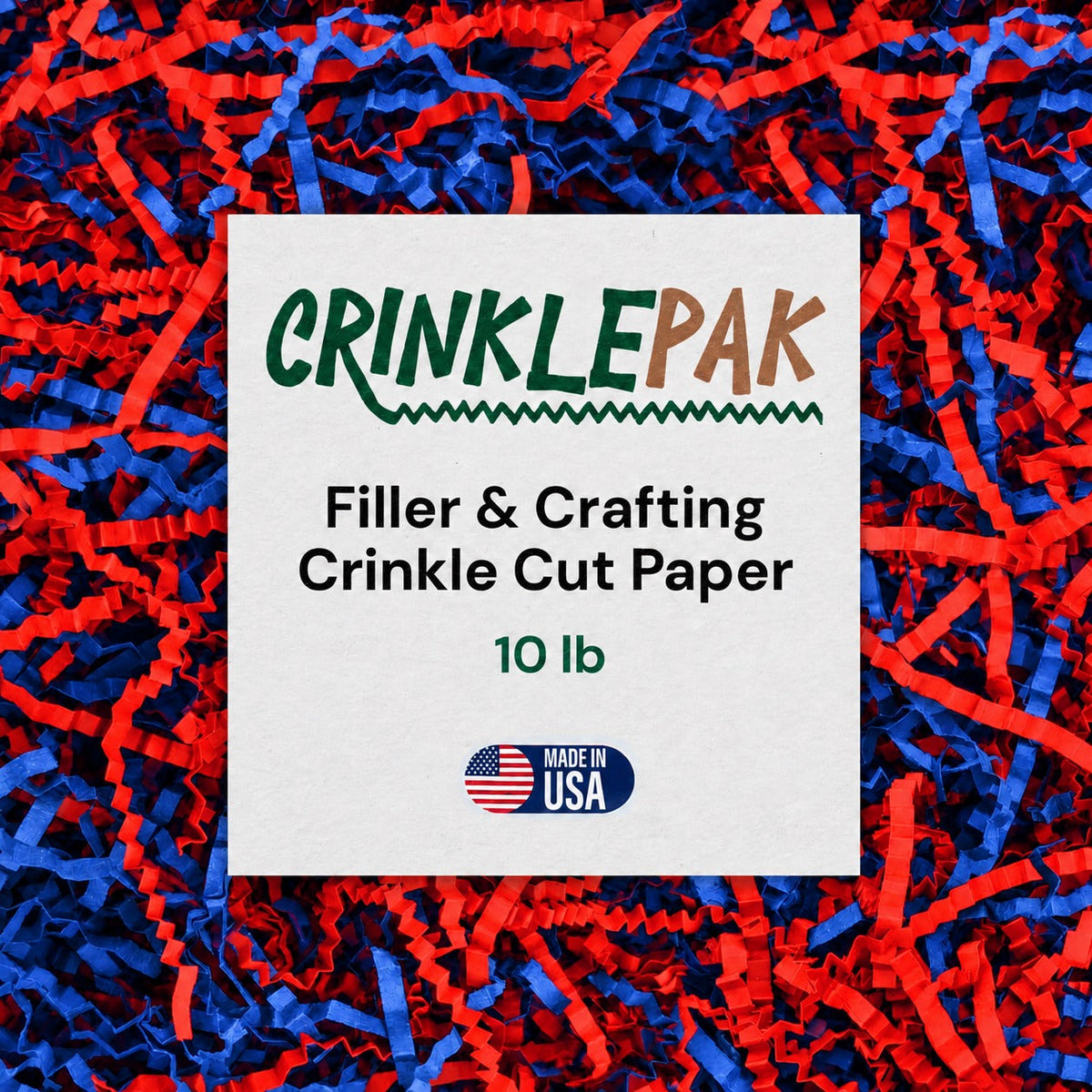 NORTH SIDE CRINKLE PAPER, red and blue crinkle-cut paper filler, 10 lb package labeled Made in USA