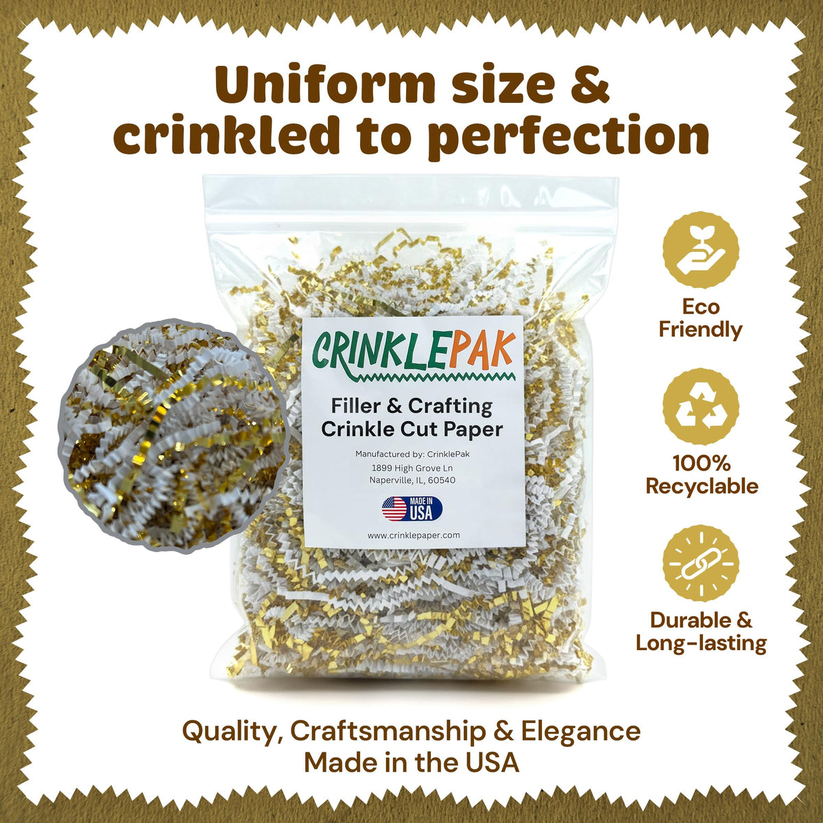 Crinkle paper filler, 40 lb White and Gold, with white and metallic gold crinkled strands in a clear bag.