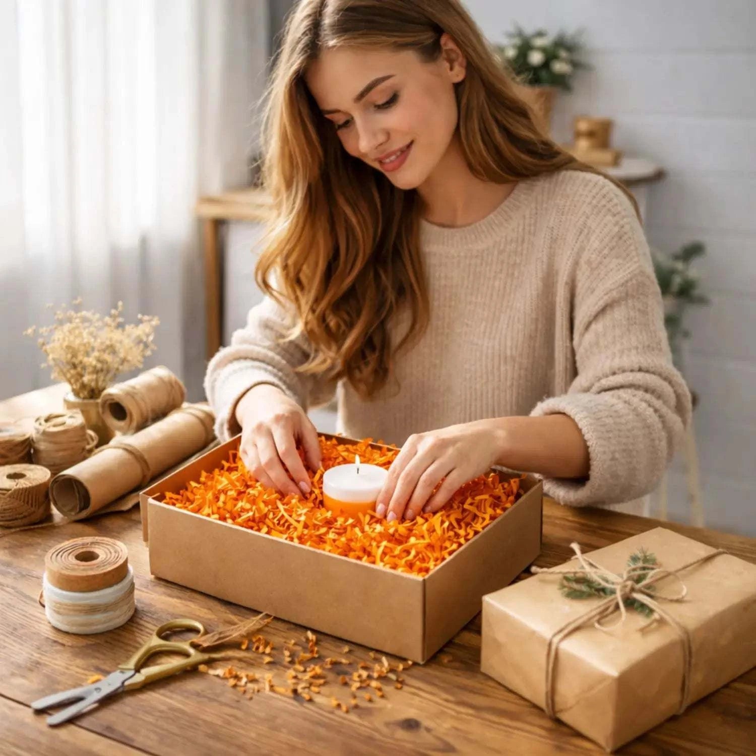 Bulk 40 lb bright orange biodegradable crinkle paper for cushioning and gift basket filling