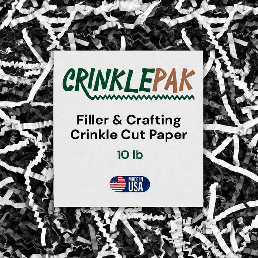 SOUTH SIDE CRINKLE PAPER in black and white shredded strips, shown with a 10 lb CrinklePak filler box