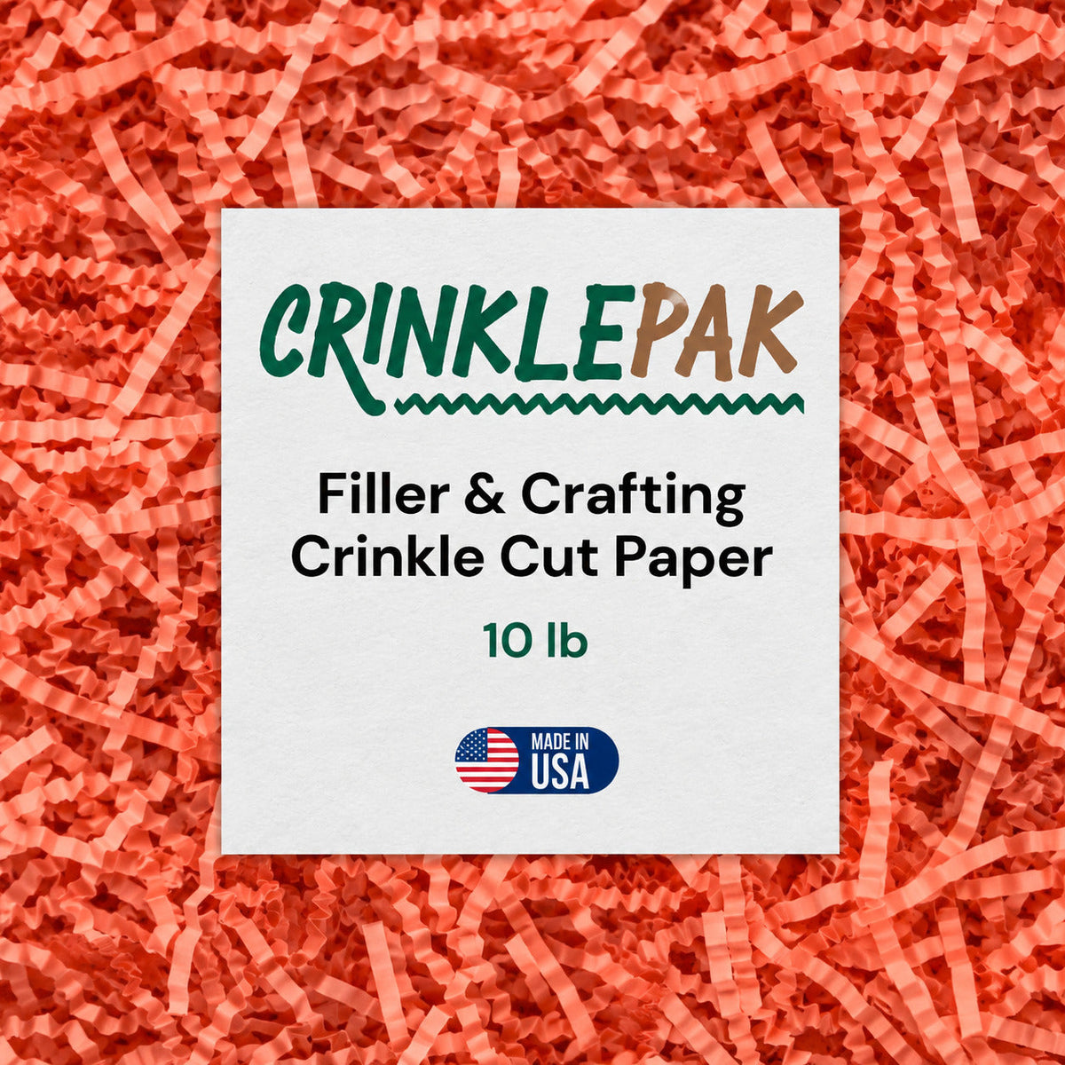 10 lb pack of vibrant Sunset Coral Crinkle Paper filler made of crinkle-cut recyclable paper with crinkled texture