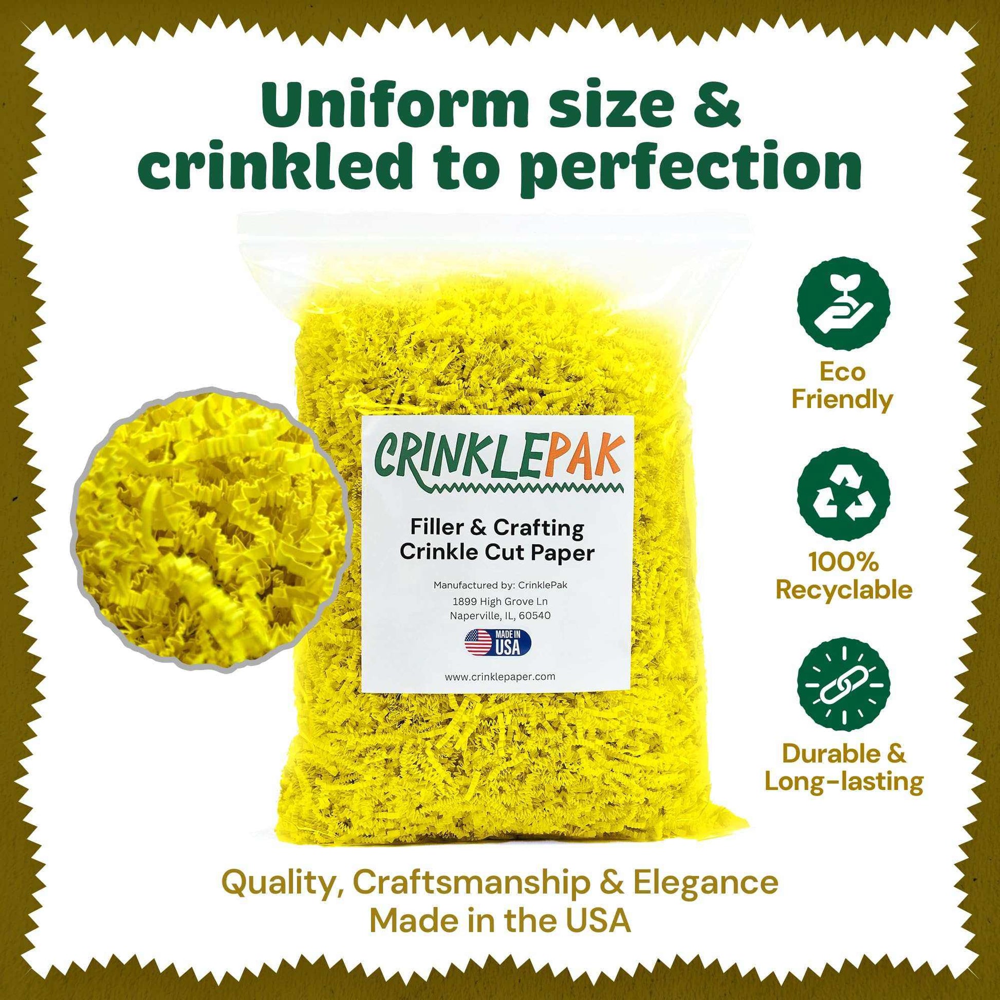 Yellow crinkle paper shred packaging material for gift wrapping and crafting projects